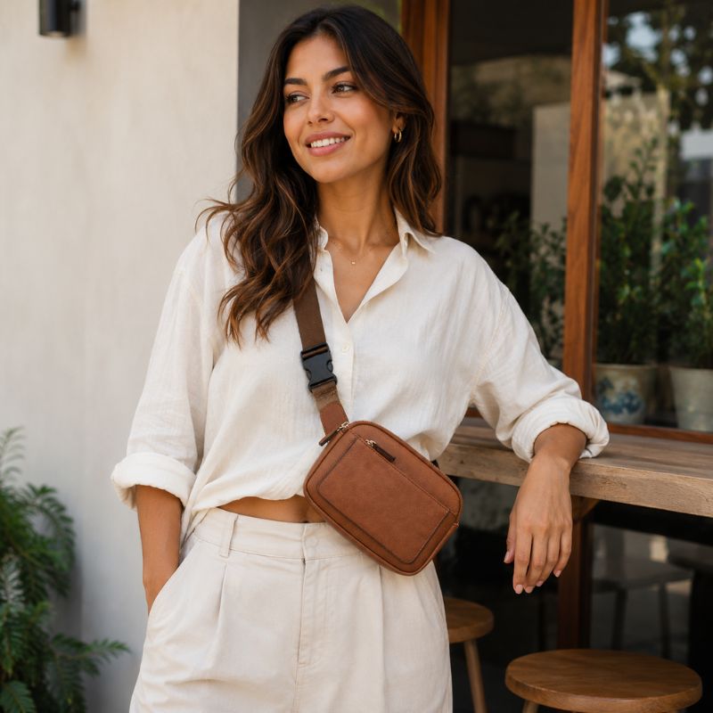 Bolsa Feminina Tipo Pochete Julia compacta, moderna e prática. Modelo transversal com alça ajustável, perfeita para o dia a dia, viagens e passeios.